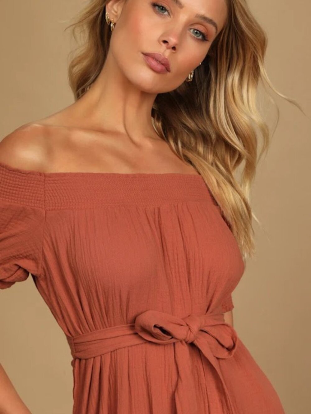 NWT Lulu's Ready for Sunshine Rust Orange Off-the-Shoulder Midi Maxi Dress M - Picture 4 of 5